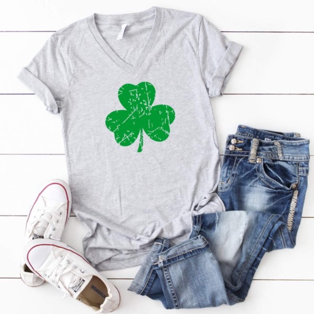 Green Distressed Shamrock V-Neck
